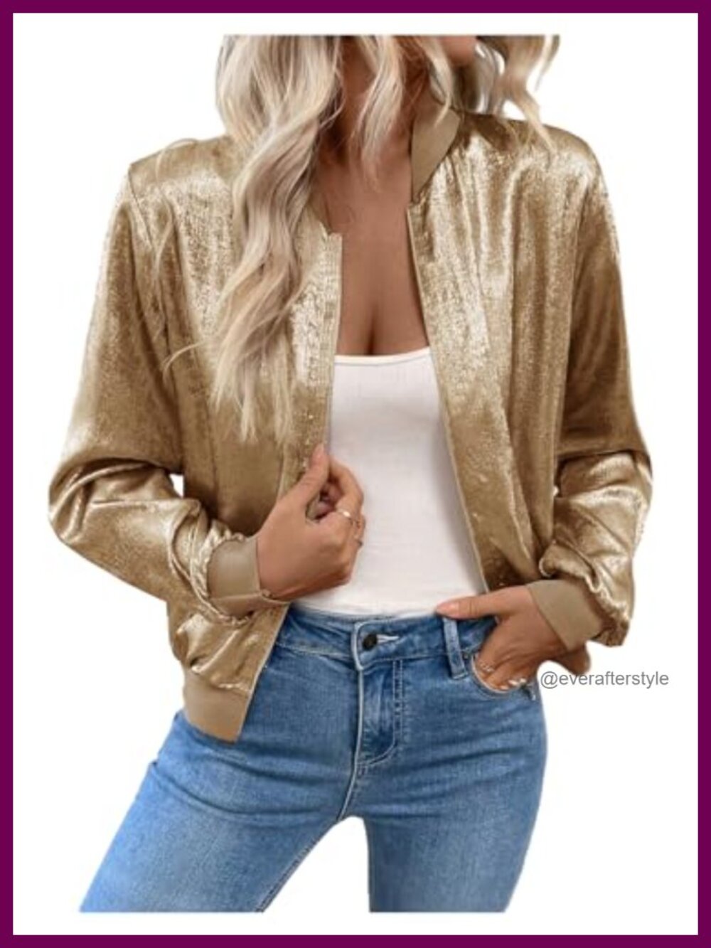 SHENHE Metallic Bomber Jacket Zip Up Long Sleeve Lightweight Fall Outwear